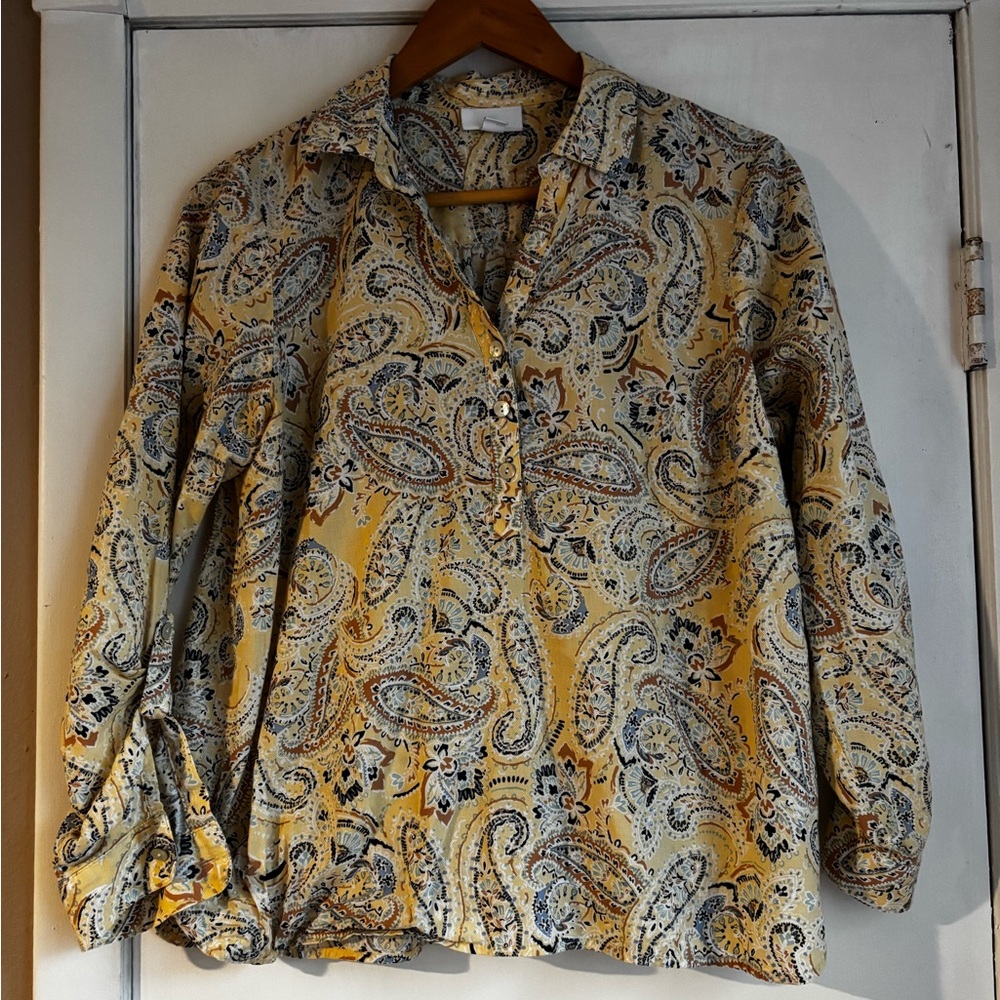 J. Jill Yellow and Black Patterned Paisley Top, size small petite